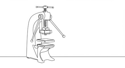 Minimalist continuous line drawing of a mechanical press machine on white background