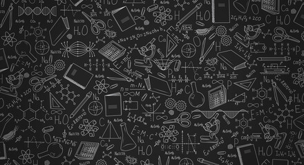 Drawn scientific formulas of lessons on the blackboard, physics, chemistry, geometry, biology. Back to school again. School background for design. School illustration. Scientific equipment drawn
