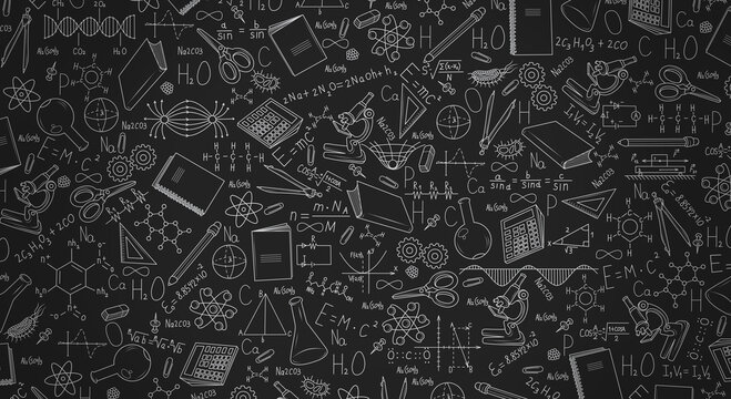 Drawn scientific formulas of lessons on the blackboard, physics, chemistry, geometry, biology. Back to school again. School background for design. School illustration. Scientific equipment drawn