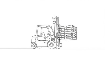 Naklejka premium Minimalist line drawing of forklift lifting stacked pallets with stark white background