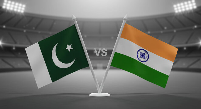 Pakistan versus India: A thrilling cricket rivalry unfolds in a dramatic stadium setting, captured in grayscale with sharply defined flags.