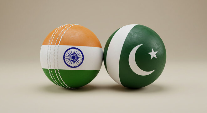 India and Pakistan cricket balls side-by-side, symbolizing the intense rivalry and shared passion for the sport, rendered in a neutral background with subtle lighting. - Powered by Adobe