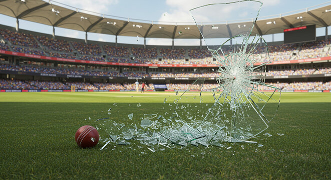 A powerful cricket ball shatters a glass pane, leaving shards scattered across the lush green field of a packed stadium under bright sunlight.