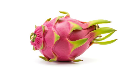 A vibrant pink dragon fruit, a tropical jewel showcasing its unique scales and vibrant green accents against a stark white background.
