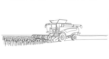 Minimalist line art: Combine harvester in wheat field, clean and elegant design