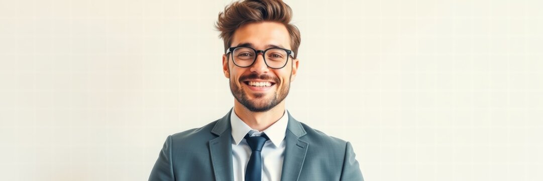 A confident young businessman smiles warmly, showcasing professionalism and approachability in a modern office setting.