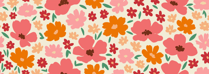 Obraz premium Seamless pattern painting flowers and leaves background vector. Wallpaper design with hand draw retro flowers, bouquets, leaves. Vintage botanical floral pattern, fabric and retro texture