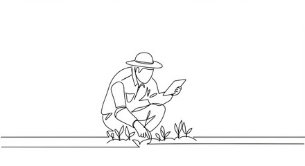 Obraz premium Minimalist line drawing: Farmer inspecting crops with tablet in field soil health