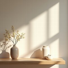 A serene minimalist display featuring a vase with flowers and a small jar on a wooden shelf, beautifully illuminated by soft sunlight.