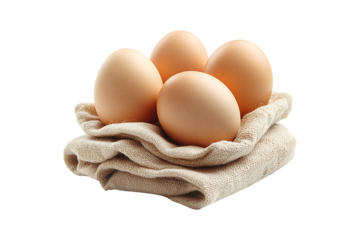 Four eggs are stacked on a cloth isolated on transparent background
