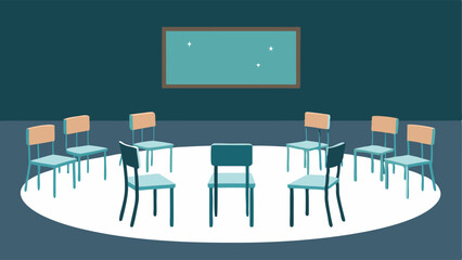 Empty Rehabilitation Room An empty room with a chalkboard and chairs arranged in a circle highlighting the absence of rehabilitation programs with dust gathering in the corners.