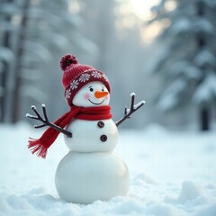 Obraz premium A cheerful snowman in a snowy landscape, symbolizing winter fun and holiday spirit. Perfect for holiday promotions, greeting cards, and seasonal marketing.