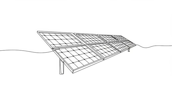 Elegant solar panels artwork in minimalist single line style on a white background