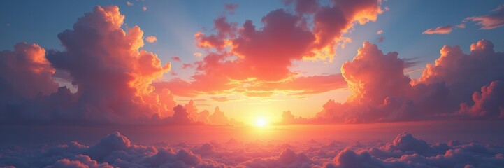 A breathtaking sunset panorama showcasing vibrant colors and dramatic clouds, perfect for travel, wellness, or nature-related projects.