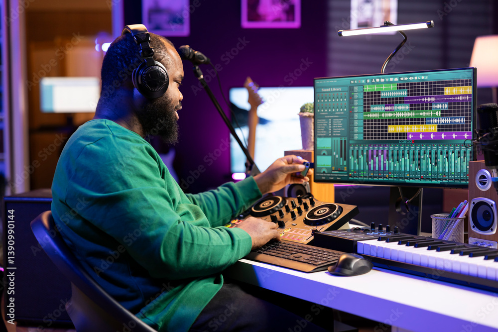 Aufkleber Talented engineer using an usb stick to edit recorded files in home studio, working on music post production. Young audio technician adding sound effects on mixing console and pc interface.