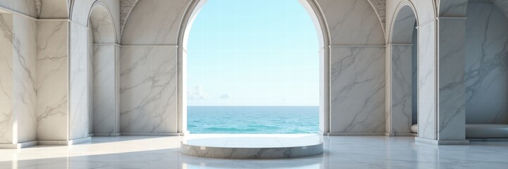 Fototapeta premium A serene, marble-finished space featuring a stunning ocean view. Ideal for luxury interior design, real estate presentations, or relaxation-themed projects.