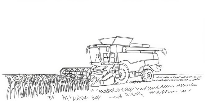 Elegant minimalist line art depicting combine harvester in wheat field landscape
