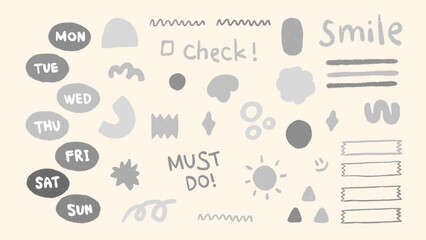 A set of hand-drawn elements in monochrome shades, inspired by school themes. It includes shapes like squares, spirals, and arrows, with visible pencil and chalk marks creative and educational designs