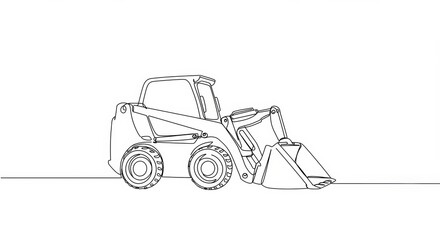 Elegant minimalist line drawing of skid steer loader with bucket on white