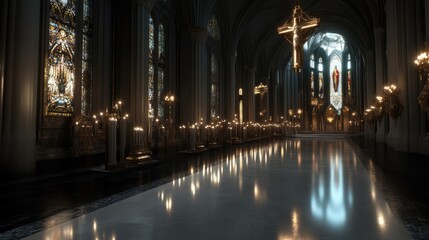 Naklejka premium Grand cathedral interior, candlelit