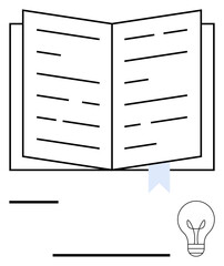 Open book with visible text and blue bookmark beside lightbulb symbolizing innovation and ideas. Ideal for education, creativity, study, inspiration, reading, learning, research. Flat simple metaphor