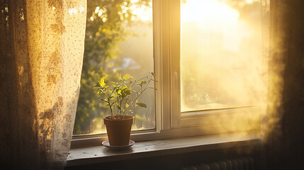 First sunlight coming through window, dust in air, soft
