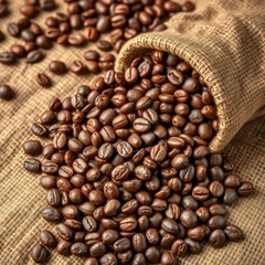 Rich brown coffee beans spill onto burlap sack, beverage, mocha, caffeine
