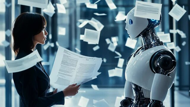 A woman business attire reviews paperwork beside sleek, white humanoid robot bright, modern office. Floating papers suggest dynamic work environment, symbolizing integration artificial intelligence