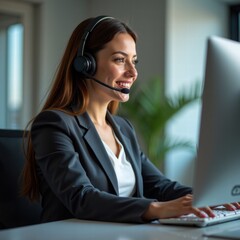 A confident customer service representative wearing a headset, engaging with clients at her desk, showcasing professionalism and effective communication in a modern workspace.