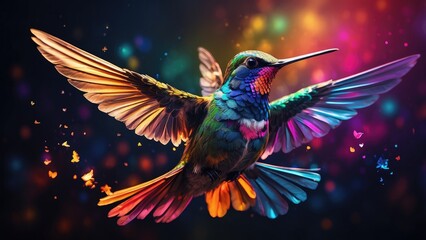 A vibrant, digitally rendered hummingbird is depicted mid-flight against a dark background