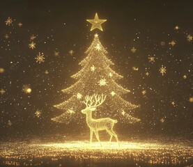 Sparkling Golden Christmas Tree with Deer and Starry Background