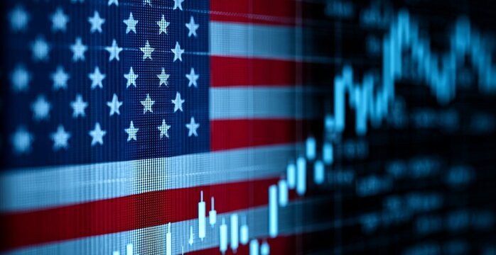 American flag and stock market data overlay with graphical elements