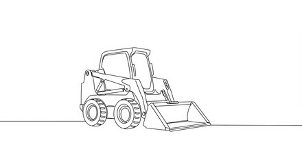 Minimalist continuous line drawing of a skid steer loader against white backdrop