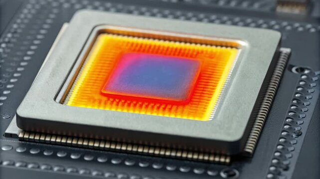 Close Up of Semiconductor Chip Engineering Technology and Circuit Design in High Resolution Electronics Simulation