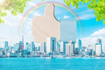 東京の都市風景とグッドボタン。ＣＧ画像でＡＩ画像ではありません。　Tokyo cityscape and good button. This is a CG image, not an AI image.	