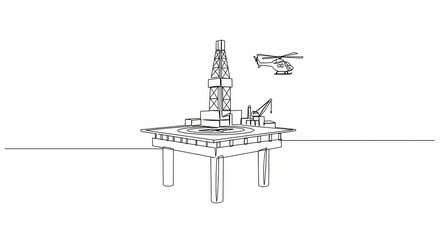 Obraz premium Single Line Art: Oil Rig Helipad with Helicopter in a Clean White Backdrop