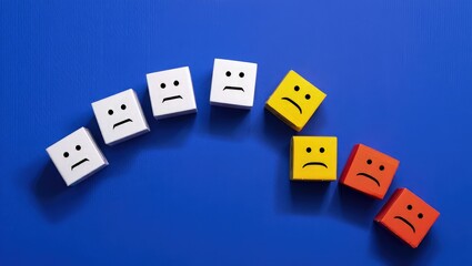 Obraz premium Blocks with faces crumbles, the unfortunate ones leave the line. Falling popularity, decreasing viewers or customers. Participants and employees leaving. Bad mood, difficulties and toxic environment.