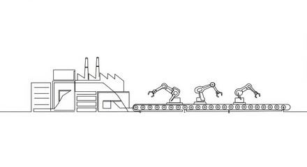 Naklejka premium Minimalist continuous line drawing of a fully automated factory scene on white