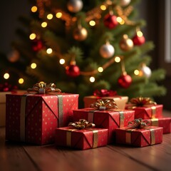 Festively wrapped gifts in front of a Christmas tree create a warm holiday atmosphere, perfect for seasonal promotions, greeting cards, or festive advertisements.