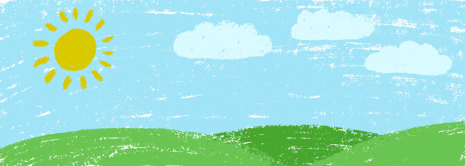 Grass and sky background. Crayon kid landscape with spring field. Vector green grass, flower, blue sky, cloud child wax pastel painting. Spring nature meadow landscape crayon illustration background