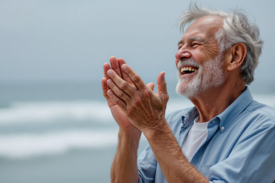 Elderly man joyfully clapping h by ocean, expressing happiness contentment