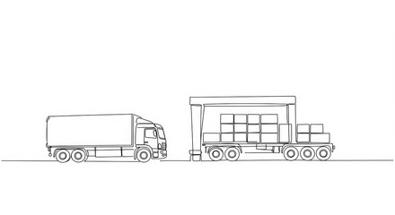 Minimalist continuous line drawing of delivery trucks loading cargo at a dock