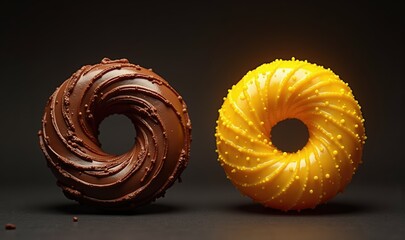 Savor the allure of these beautifully crafted donuts—rich chocolate and vibrant yellow. Perfect for food marketing, advertising, or culinary promotions.