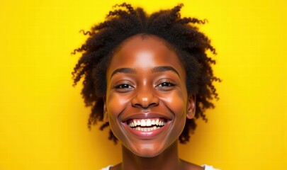 A joyful young woman with natural hair smiles brightly against a vibrant yellow background, embodying happiness and confidence.