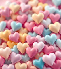Obraz premium Soft-focus background of many hearts in pastel shades, hearts texture, valentine