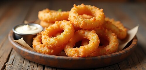 Crispy fried onion rings served with a creamy dipping sauce, perfect for appetizers or side dishes in restaurants and food-related projects.