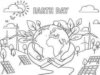 Sustainable Earth Day Illustration Featuring Renewable Energy and Nature Elements. Coloring page for kid and adult