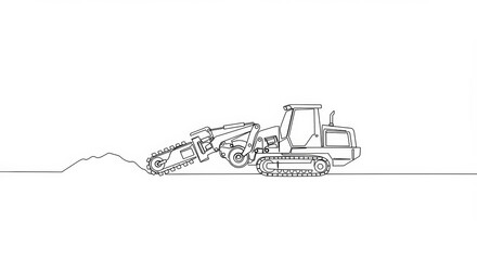 Minimalist line drawing of trenching machine digging, clean black lines on white