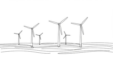 Minimalist wind farm landscape rendered in a continuous elegant black line art