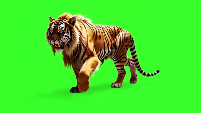 angry tiger moving on green screen